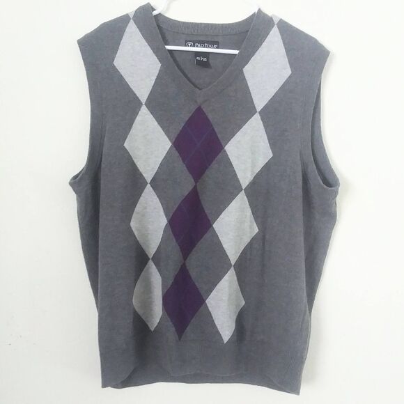 Pro Tour men's large Argyle Sweater Vest, Grey and Purple - Picture 1 of 5
